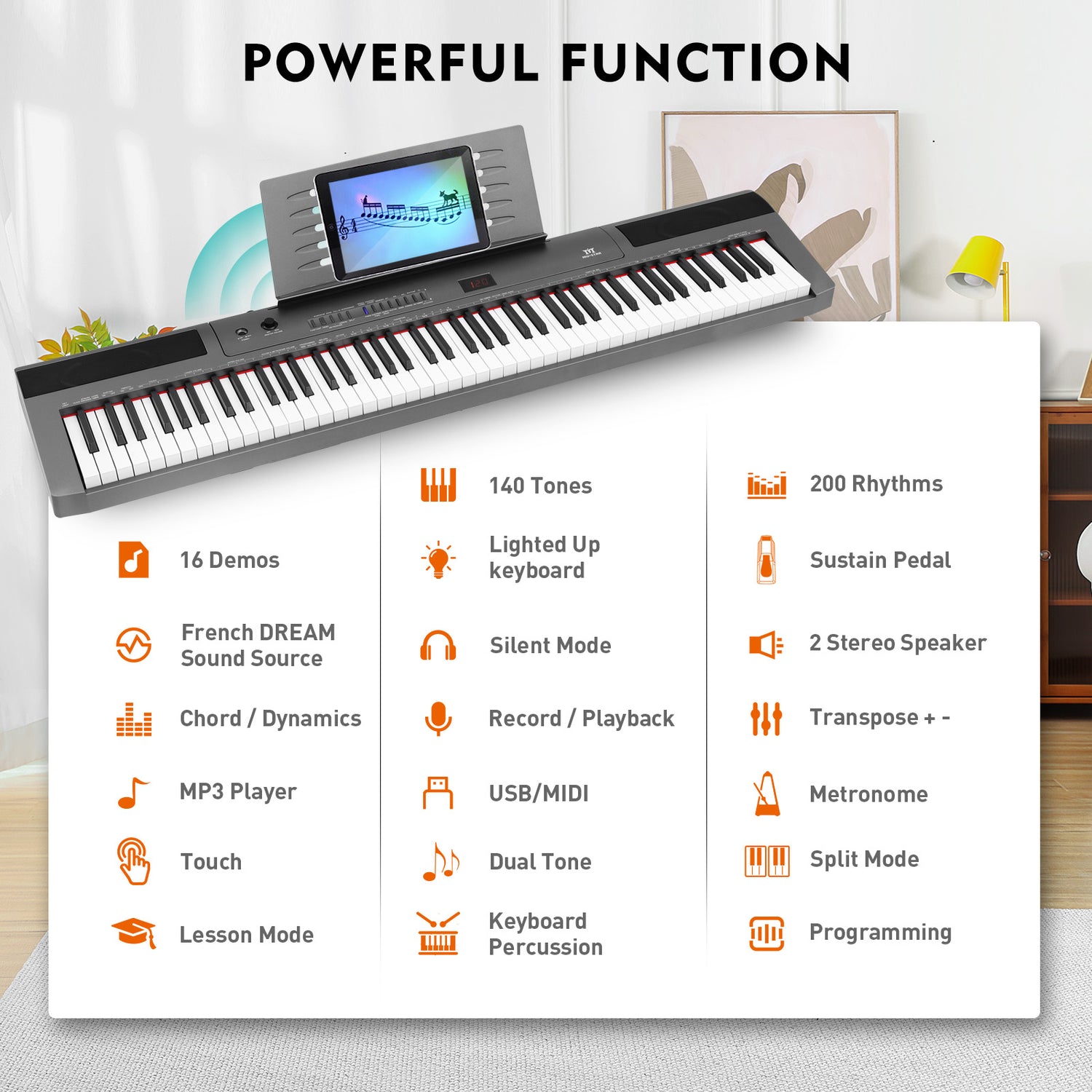 MUSTAR MEP-1900, Lighted Up Digital Piano, 88 Keys Electronic Keyboards, Sustain Pedal/ MIDI