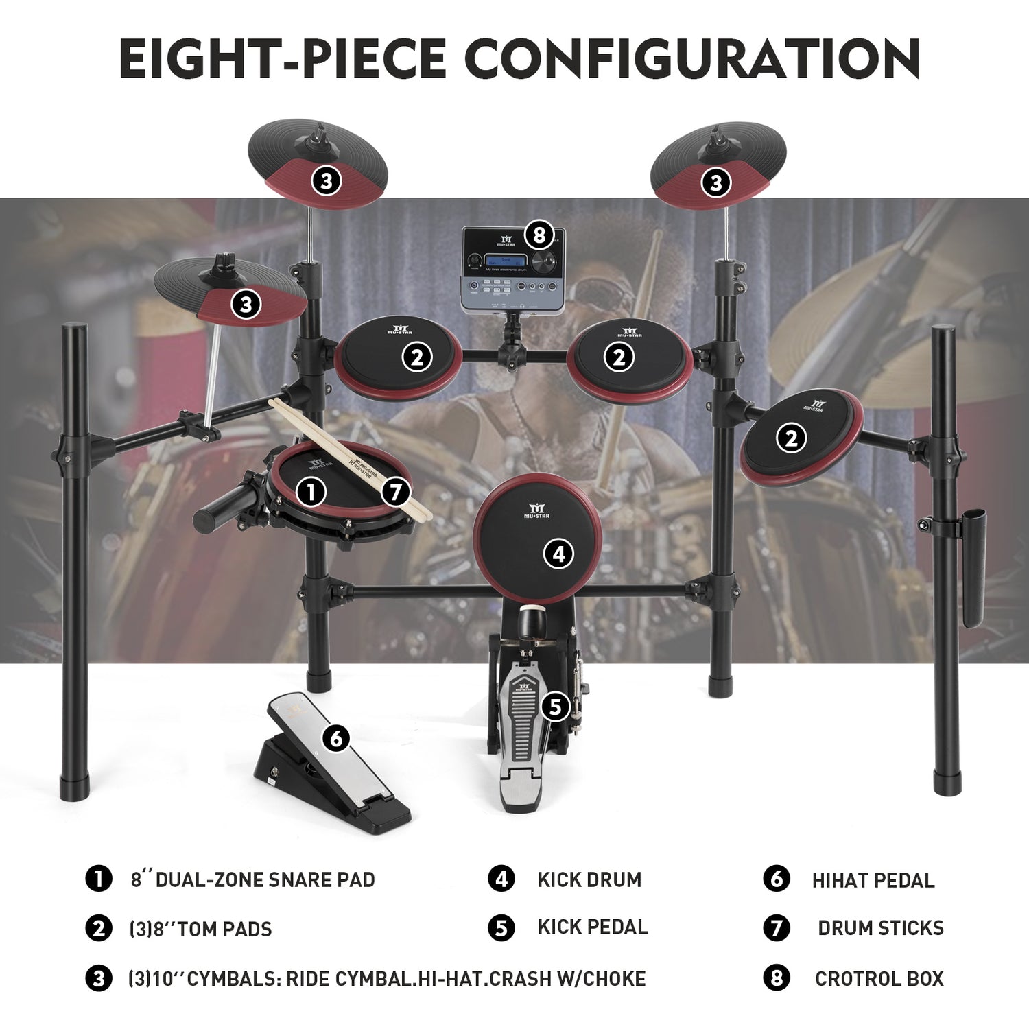 MUSTAR MED-100/300 8 Pieces Electronic Drum Set for Beginners
