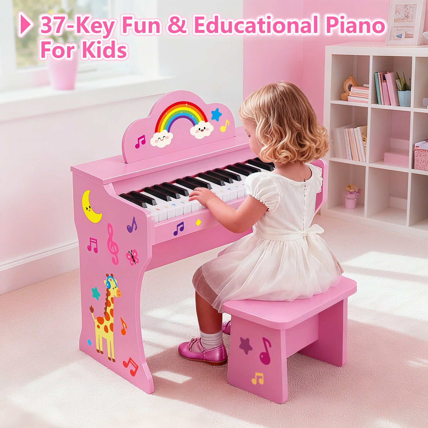 MUSTAR MT-200, 37 Keys Kids Piano Keyboard,  Wooden Music Toy Instrument, Early Educational Musical Learning,Stool