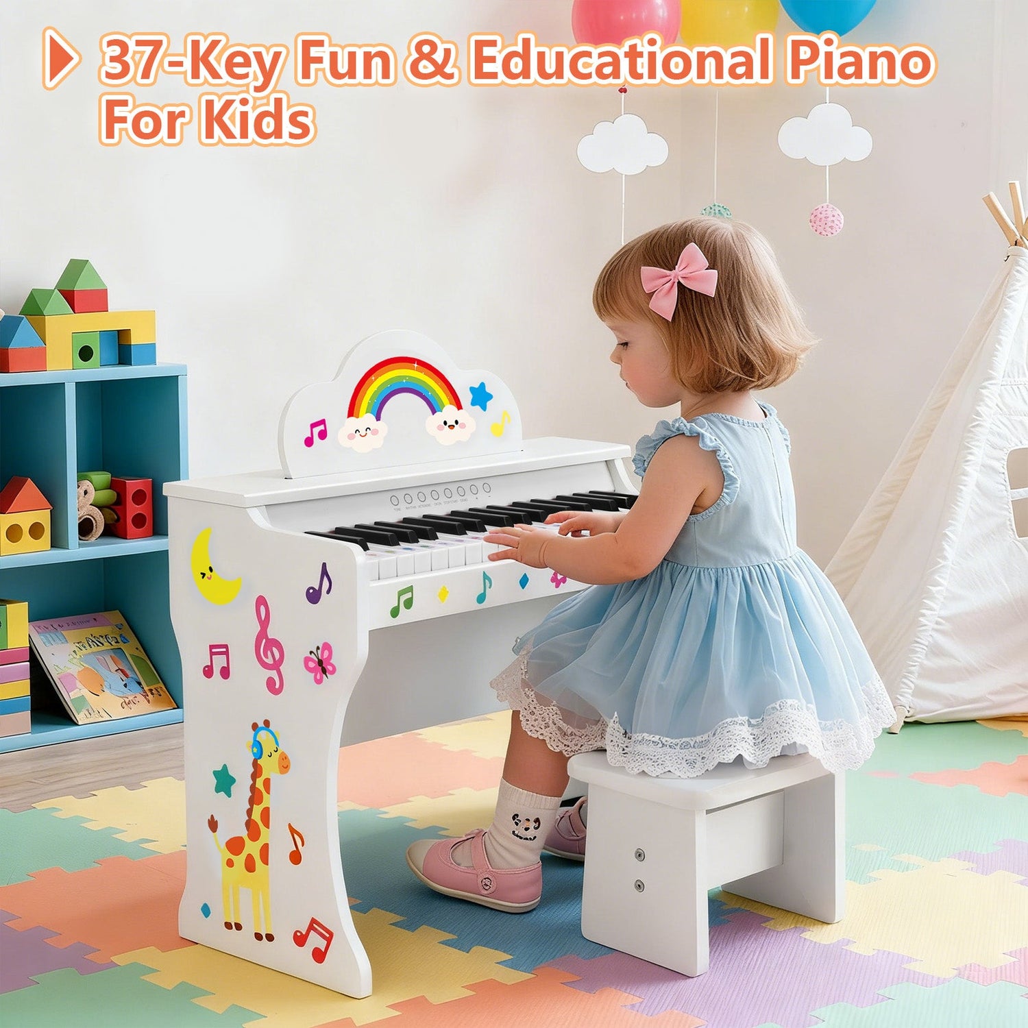 MUSTAR MT-100, 37 Keys Kids Piano Keyboard,  Wooden Music Toy Instrument, Early Educational Musical Learning,Stool