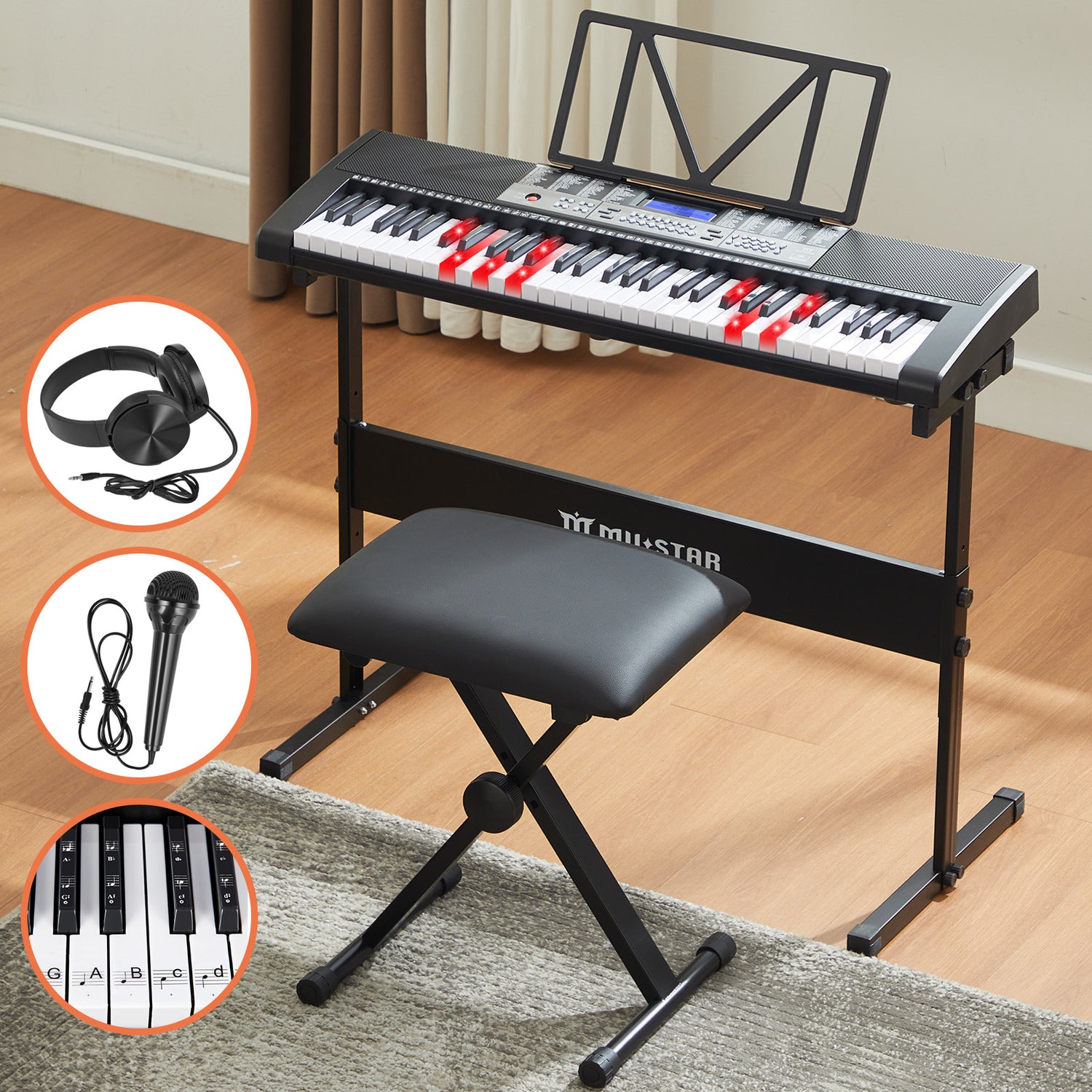 MUSTAR MEKS-400/500, 61 Key LCD Learning Piano Keyboard, Lighted Up Keys, For Beginners