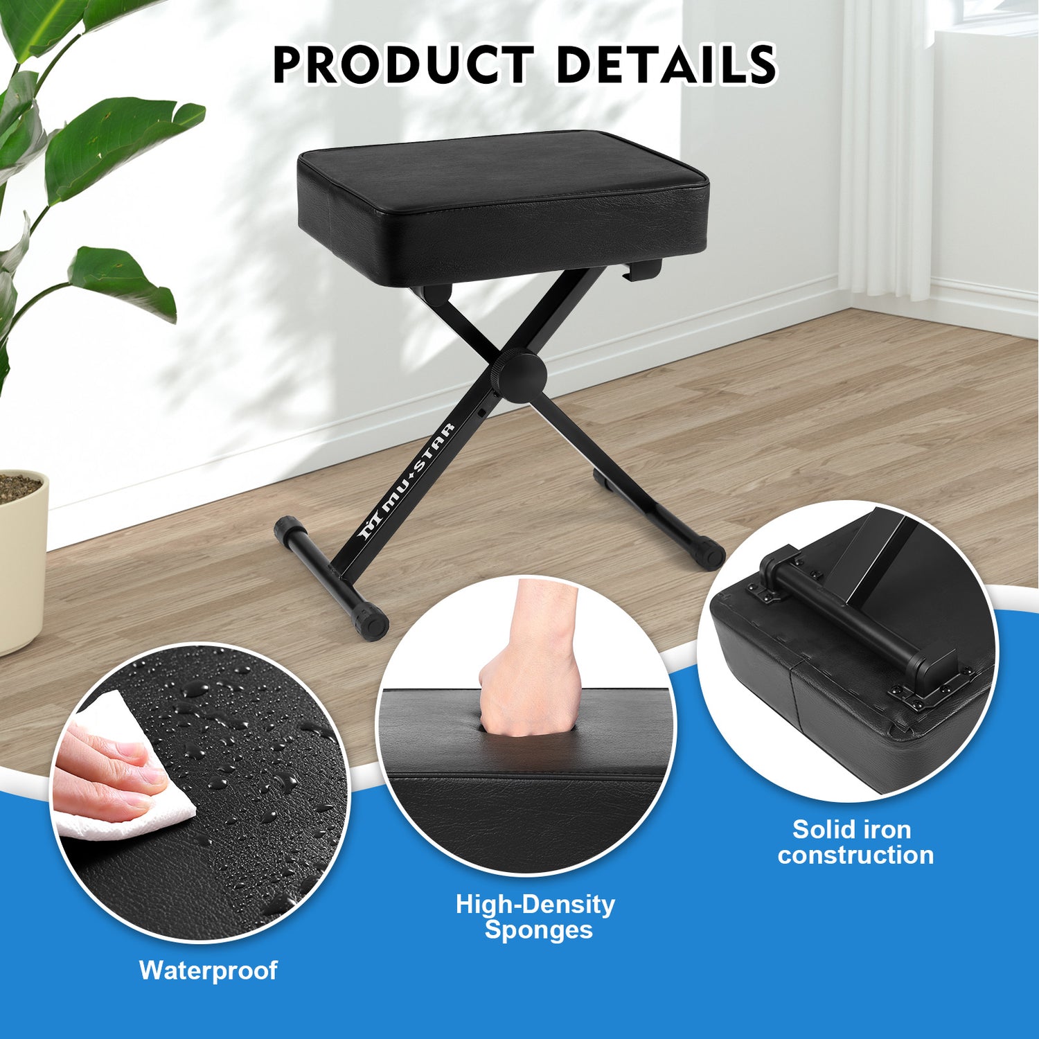 MUSTAR MS-300, Padded Piano Stool, X-Style Adjustable Height Piano Bench