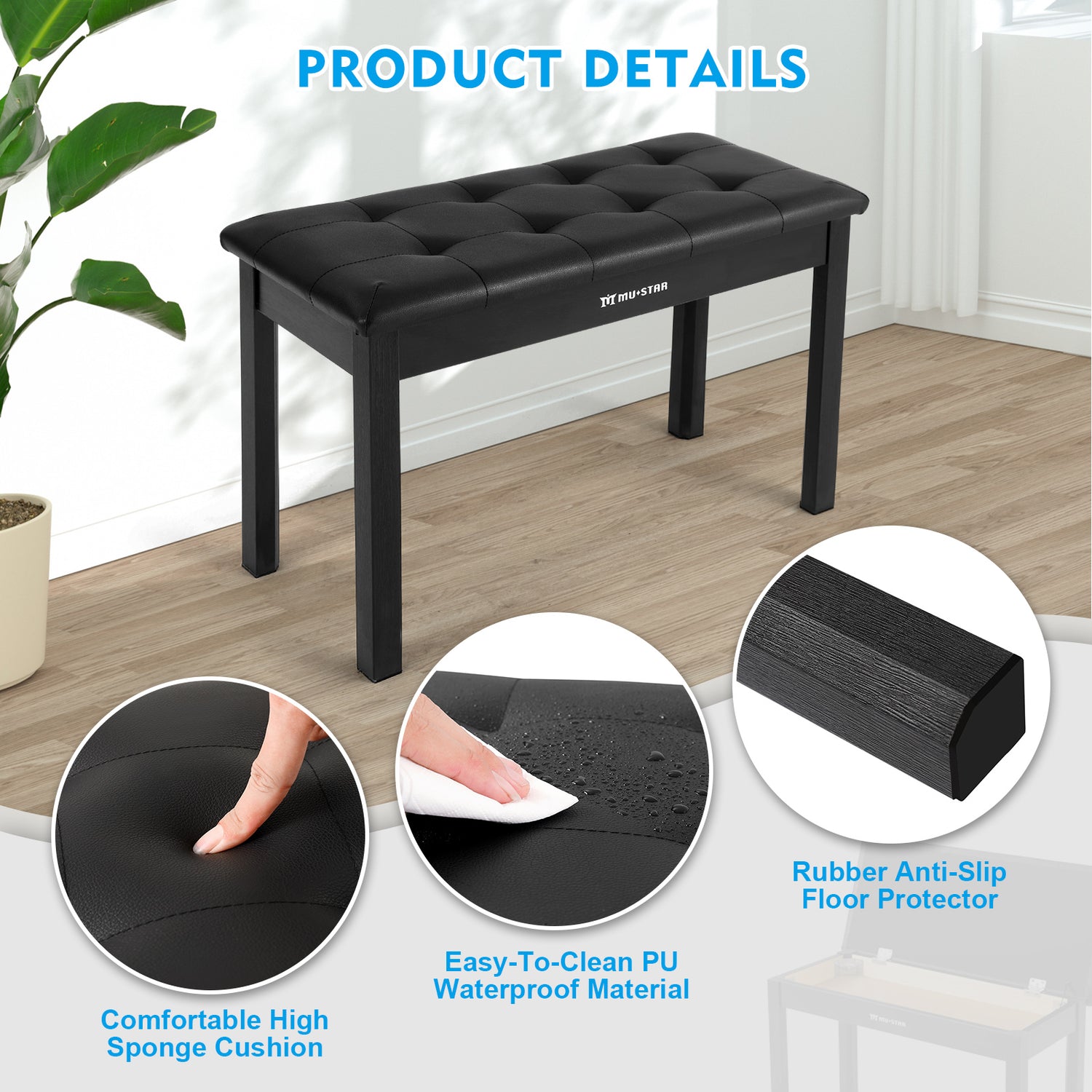 MUSTAR MS-100, Wooden Piano Bench, Padded Piano Stool with Storage, FSC-Certified Wood, Black