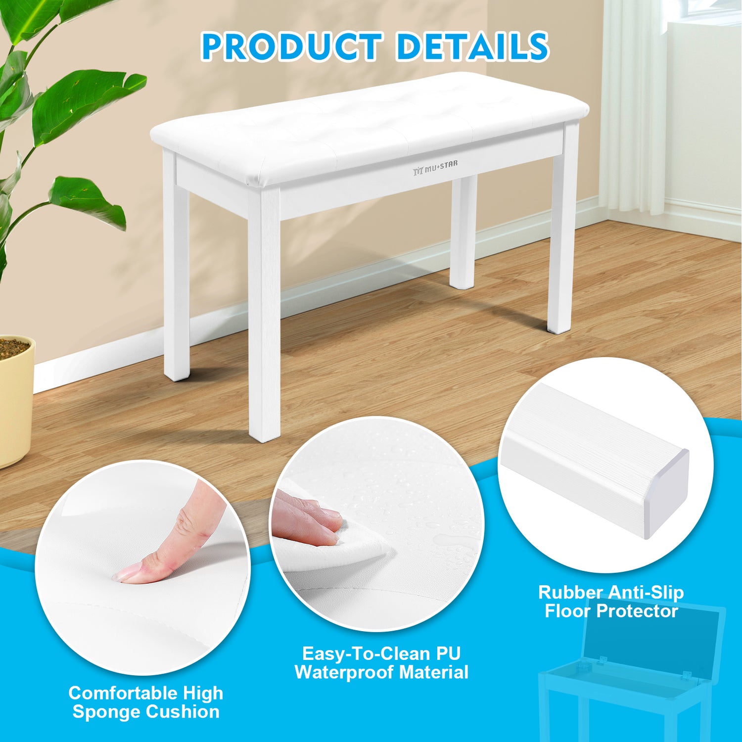 MUSTAR MS-200, Wooden Piano Bench, Padded Piano Stool with Storage, FSC-Certified Wood, White