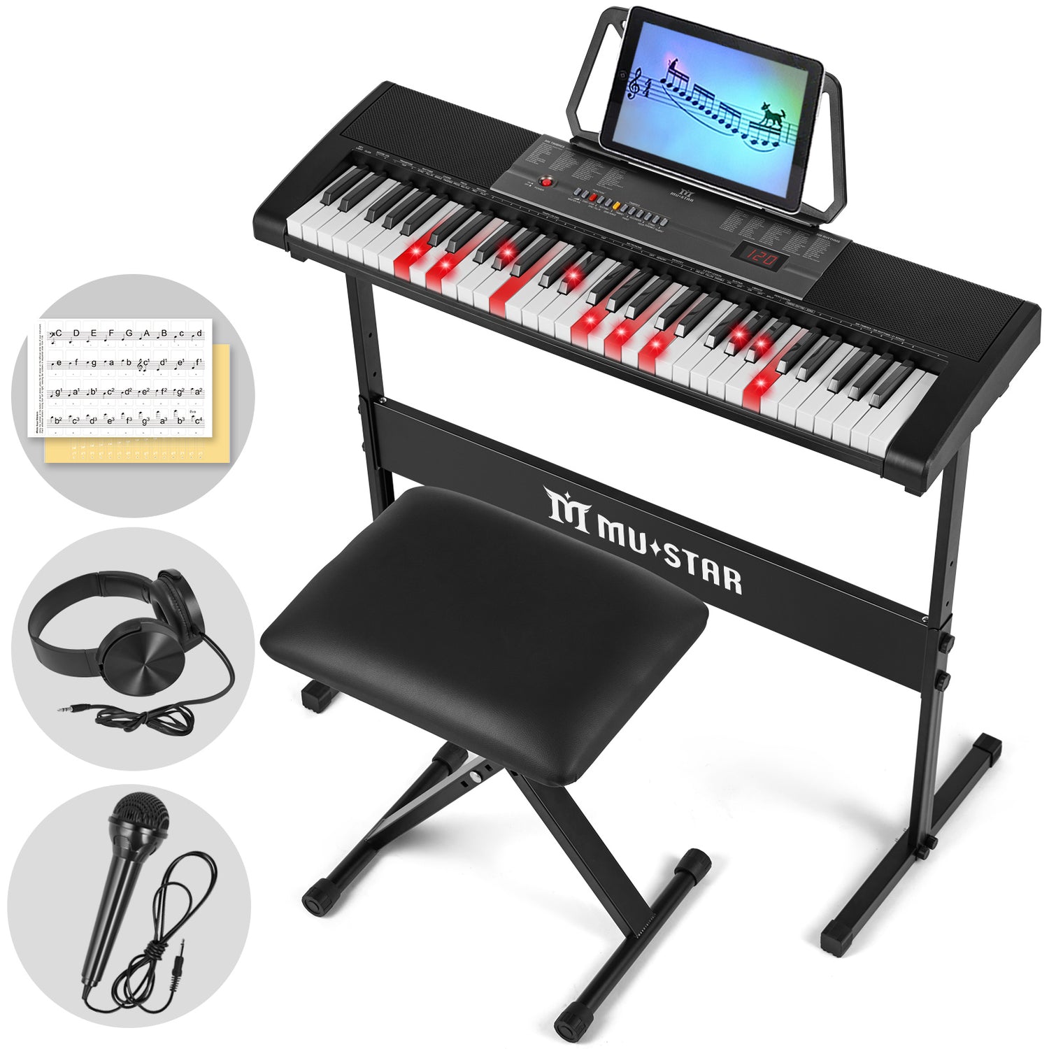 MUSTAR MEKS-300, Lighted Up Piano Keyboard, 61 Key Portable Electronic Keyboard, Stool, Adapter/Battery Power