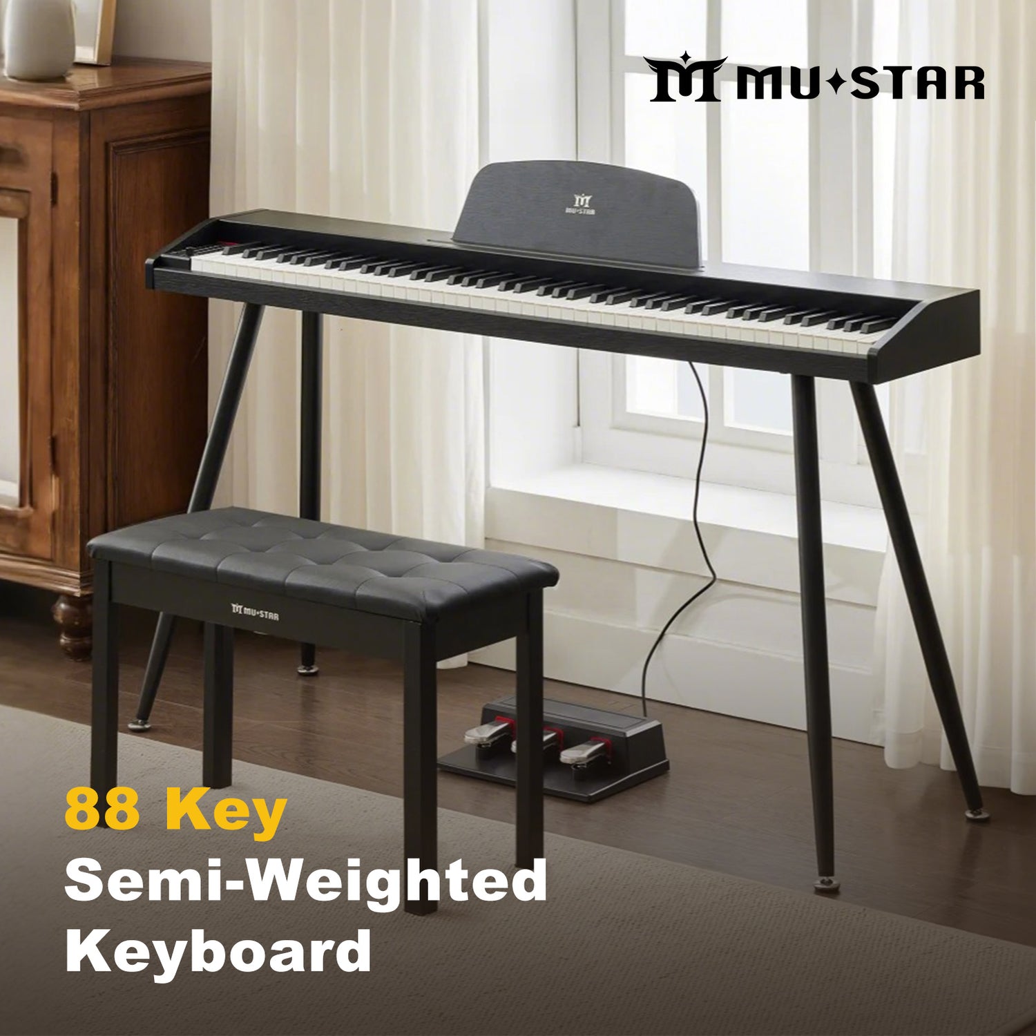 MUSTAR MEP-2900, 88 Semi Weighted Key Digital Piano With Stool, FSC Wooden Electronic Keyboards, Storage Beach, Bluetooth/ MIDI