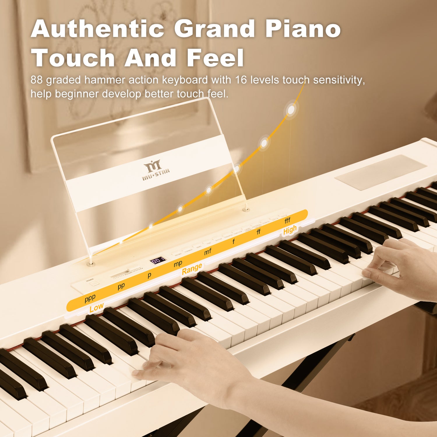 MUSTAR MDP-2100, 88 Key Weighted Digital Piano, FSC Wooden Electronic Keyboards, Hammer Action, White, Bluetooth/ MIDI/ Sustain Pedal