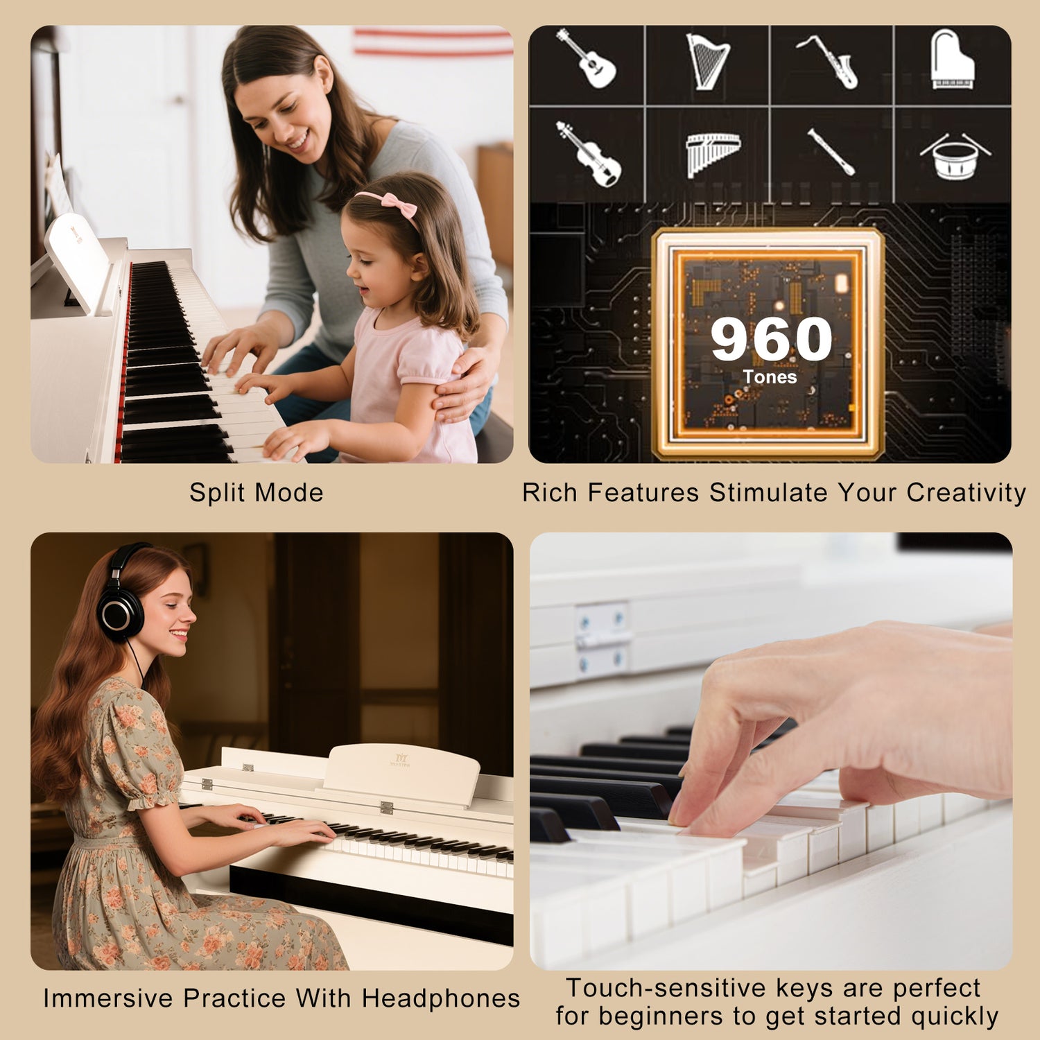 MUSTAR MEP-1321, 88 Key Semi Weighted Digital Piano, FSC Wooden Furniture Stand, White, 3 Pedals, Bench