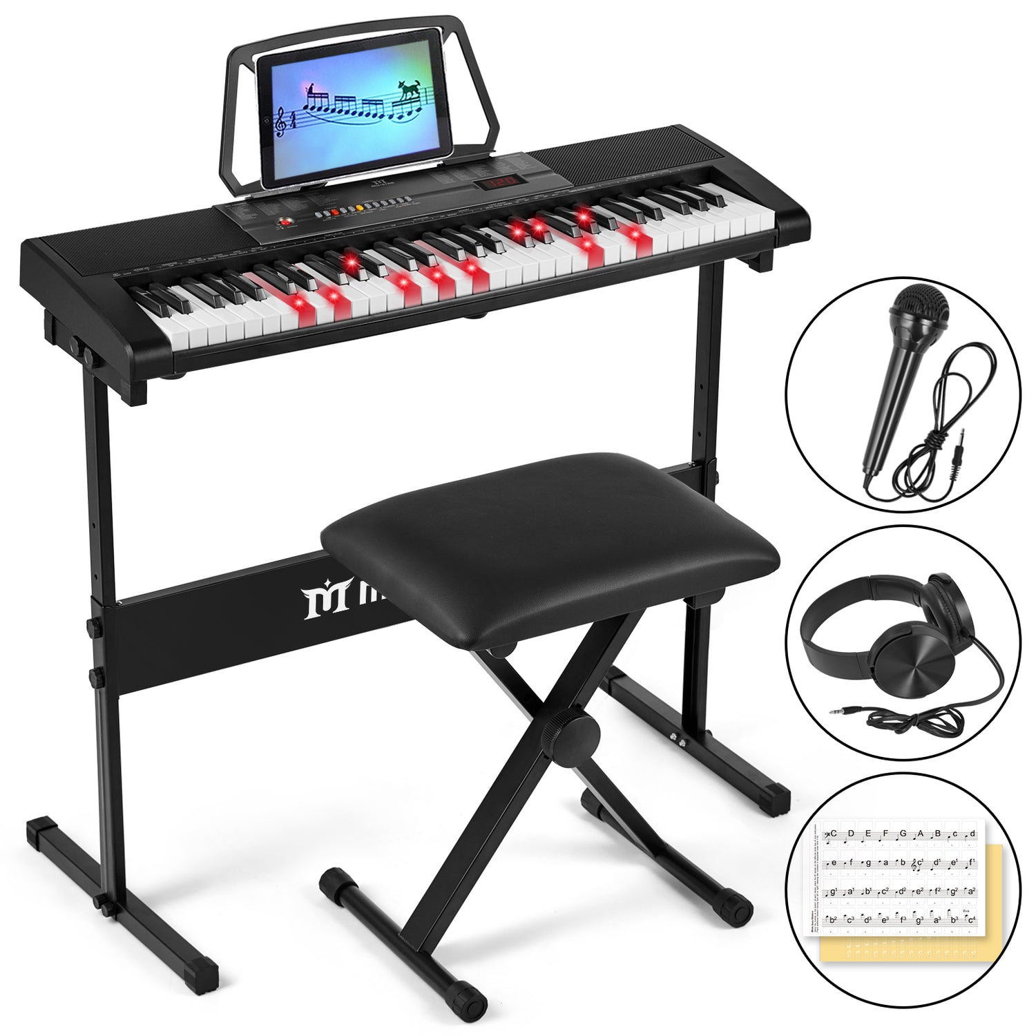 MUSTAR MEKS-300, Lighted Up Piano Keyboard, 61 Key Portable Electronic Keyboard, Stool, Adapter/Battery Power