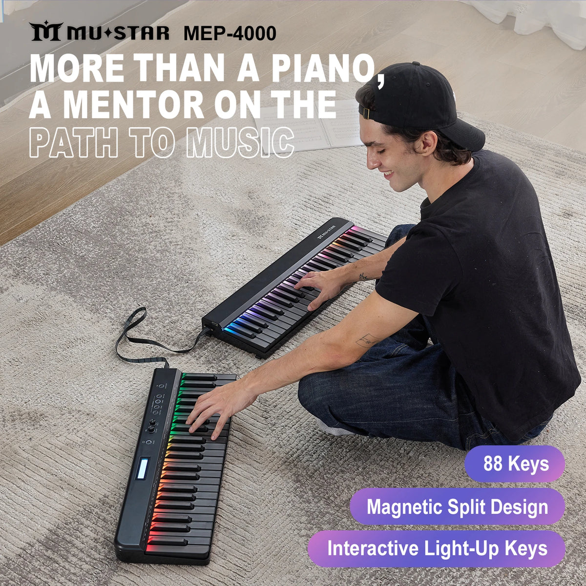MUSTAR MEP-4000, Portable Smart Piano Keyboard, 88 Keys Rainbow Light, Magnetic Split, MIDI, Sustain Pedal
