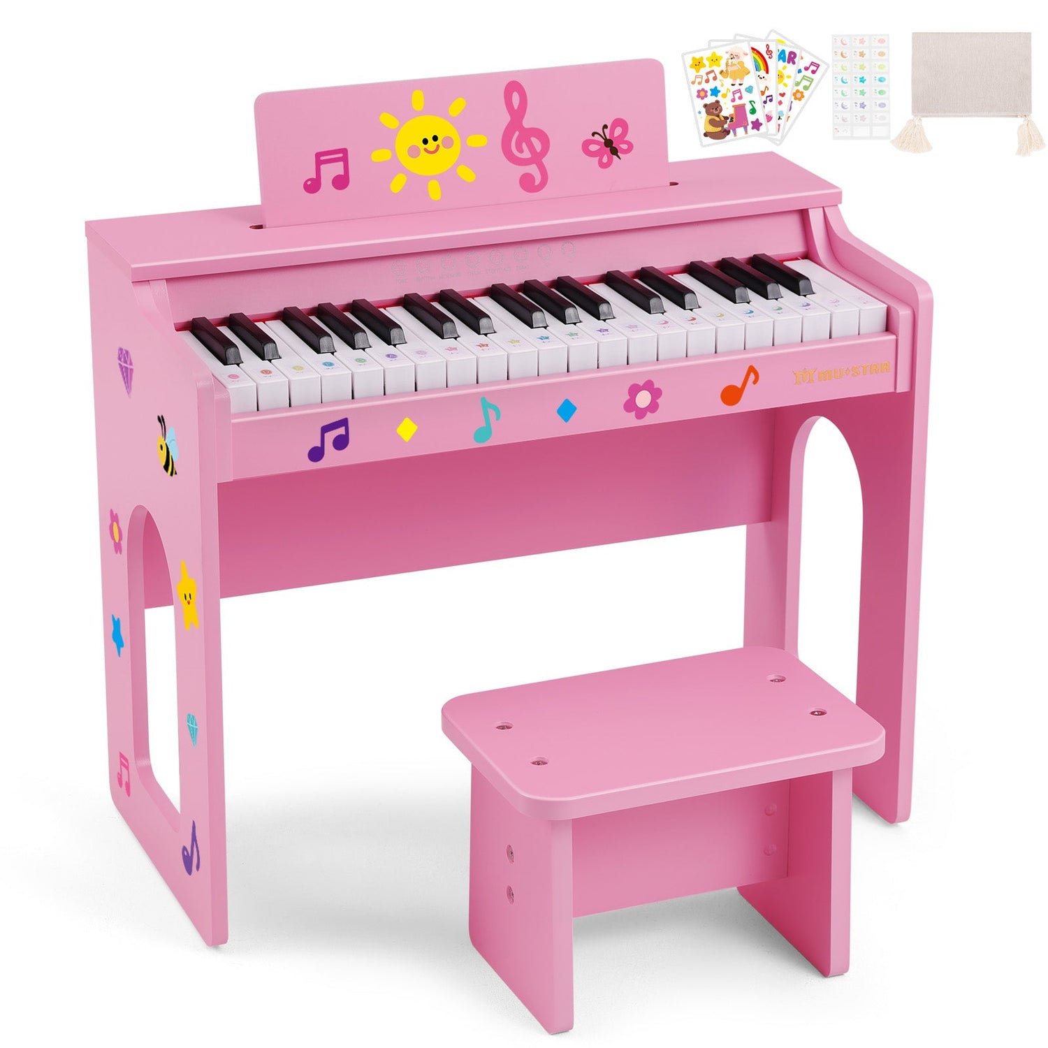 MUSTAR MT-400, 37 Keys Kids Piano Keyboard, Wooden Music Toy Instrument, Early Educational Musical Learning, Stool, Pink, 3Y+,
