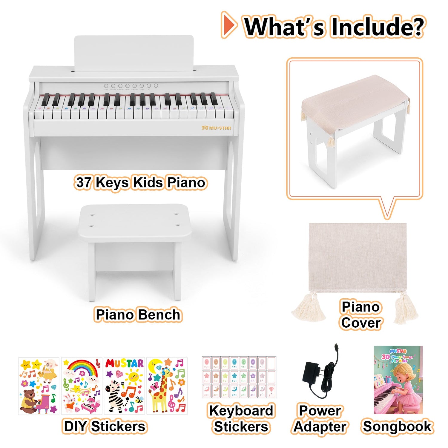 MUSTAR MT-300, 37 Keys Kids Piano Keyboard, Wooden Music Toy Instrument, Early Educational Musical Learning, 3+, Stool