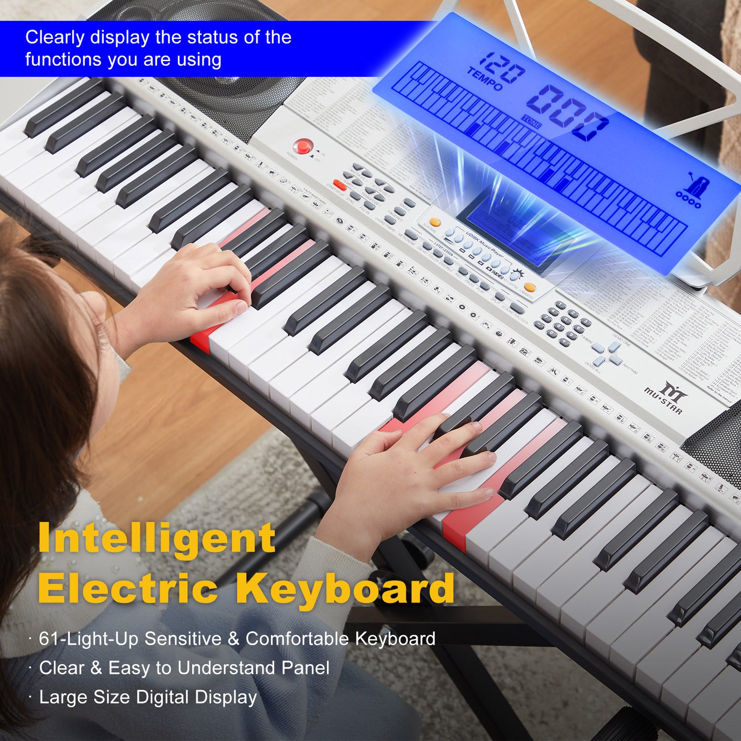 MUSTAR MEKS-200, 61 Lighted Up Keys Portable Electronic Keyboard, LCD Screen