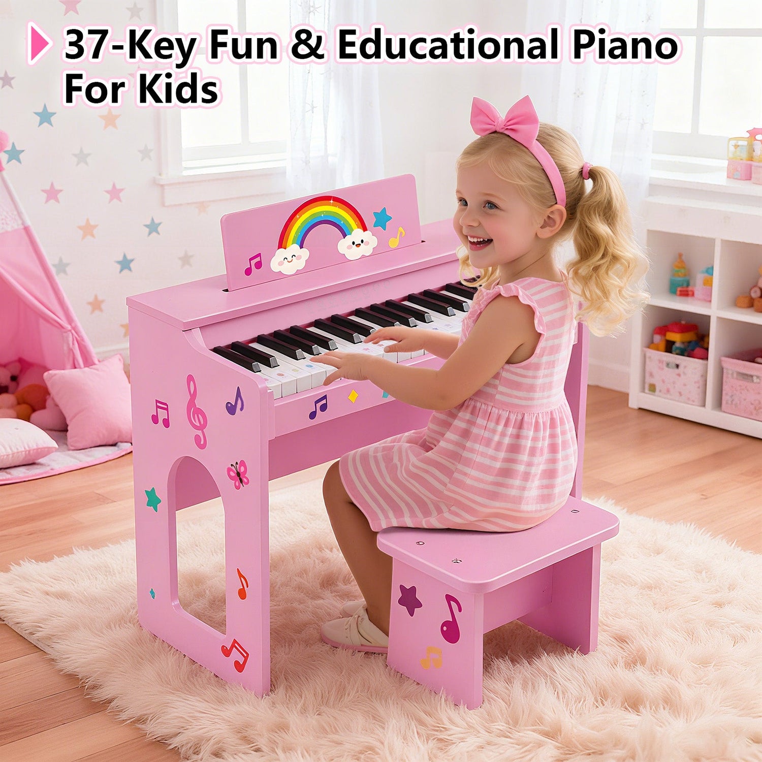 MUSTAR MT-400, 37 Keys Kids Piano Keyboard, Wooden Music Toy Instrument, Early Educational Musical Learning, Stool, Pink, 3Y+,
