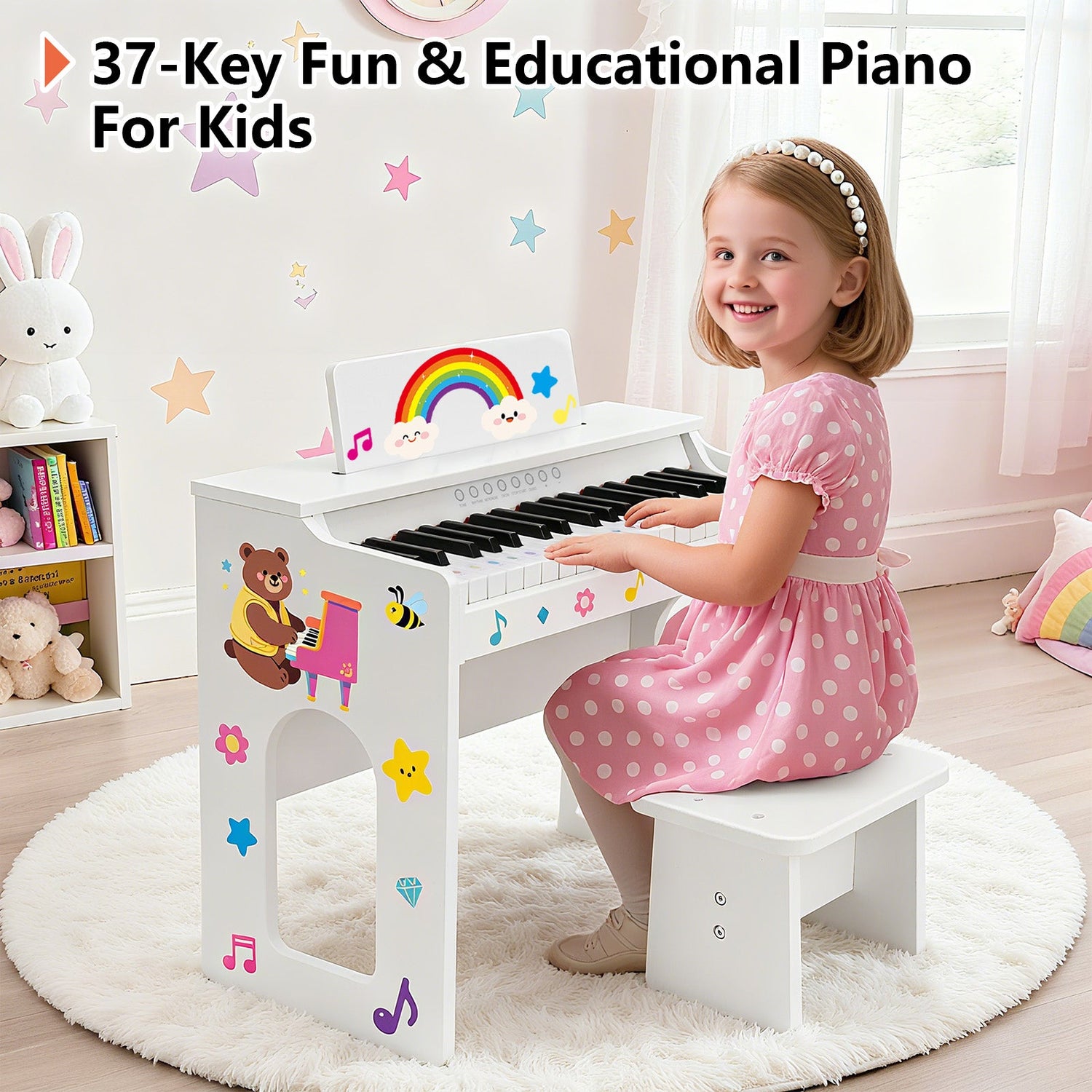 MUSTAR MT-300, 37 Keys Kids Piano Keyboard, Wooden Music Toy Instrument, Early Educational Musical Learning, 3+, Stool